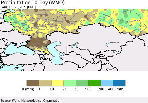 Russian Federation Precipitation 10-Day (WMO) Thematic Map For 8/16/2023 - 8/25/2023