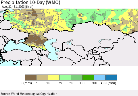Russian Federation Precipitation 10-Day (WMO) Thematic Map For 8/21/2023 - 8/31/2023