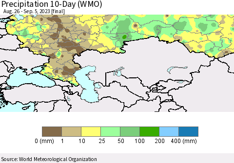 Russian Federation Precipitation 10-Day (WMO) Thematic Map For 8/26/2023 - 9/5/2023