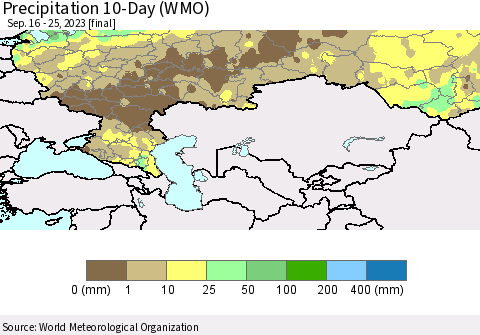 Russian Federation Precipitation 10-Day (WMO) Thematic Map For 9/16/2023 - 9/25/2023