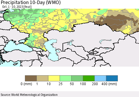 Russian Federation Precipitation 10-Day (WMO) Thematic Map For 10/1/2023 - 10/10/2023
