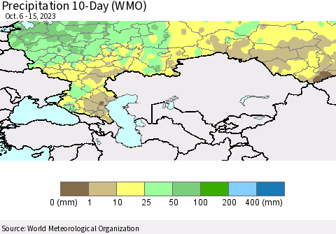 Russian Federation Precipitation 10-Day (WMO) Thematic Map For 10/6/2023 - 10/15/2023
