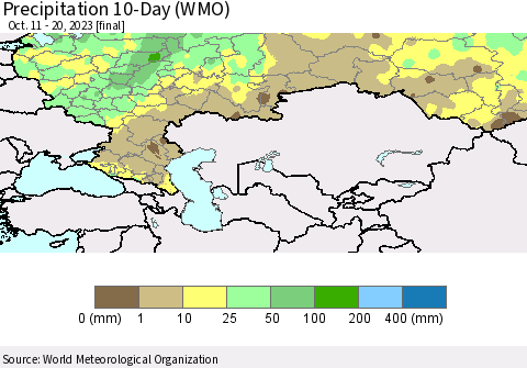 Russian Federation Precipitation 10-Day (WMO) Thematic Map For 10/11/2023 - 10/20/2023