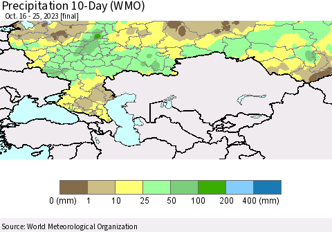 Russian Federation Precipitation 10-Day (WMO) Thematic Map For 10/16/2023 - 10/25/2023