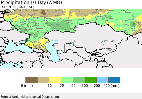Russian Federation Precipitation 10-Day (WMO) Thematic Map For 10/21/2023 - 10/31/2023