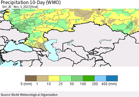 Russian Federation Precipitation 10-Day (WMO) Thematic Map For 10/26/2023 - 11/5/2023