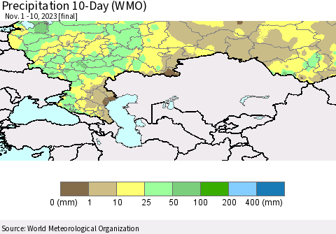 Russian Federation Precipitation 10-Day (WMO) Thematic Map For 11/1/2023 - 11/10/2023