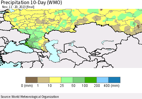 Russian Federation Precipitation 10-Day (WMO) Thematic Map For 11/11/2023 - 11/20/2023