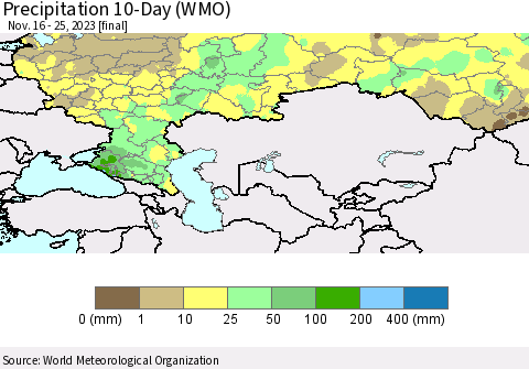 Russian Federation Precipitation 10-Day (WMO) Thematic Map For 11/16/2023 - 11/25/2023