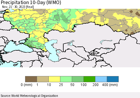 Russian Federation Precipitation 10-Day (WMO) Thematic Map For 11/21/2023 - 11/30/2023