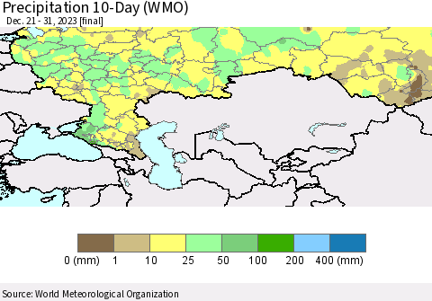 Russian Federation Precipitation 10-Day (WMO) Thematic Map For 12/21/2023 - 12/31/2023