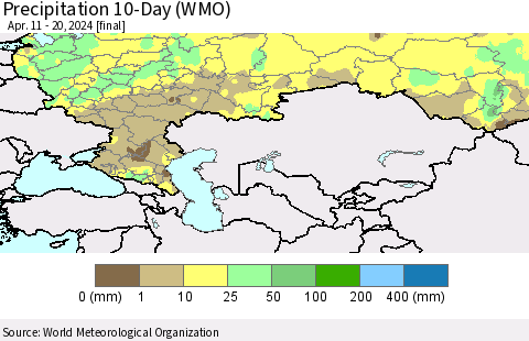Russian Federation Precipitation 10-Day (WMO) Thematic Map For 4/11/2024 - 4/20/2024