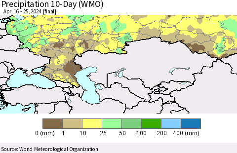 Russian Federation Precipitation 10-Day (WMO) Thematic Map For 4/16/2024 - 4/25/2024