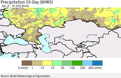 Russian Federation Precipitation 10-Day (WMO) Thematic Map For 4/21/2024 - 4/30/2024