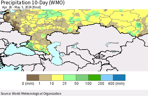 Russian Federation Precipitation 10-Day (WMO) Thematic Map For 4/26/2024 - 5/5/2024