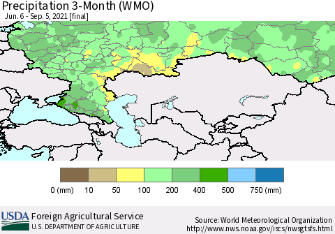 Russian Federation Precipitation 3-Month (WMO) Thematic Map For 6/6/2021 - 9/5/2021
