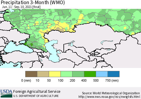 Russian Federation Precipitation 3-Month (WMO) Thematic Map For 6/11/2021 - 9/10/2021