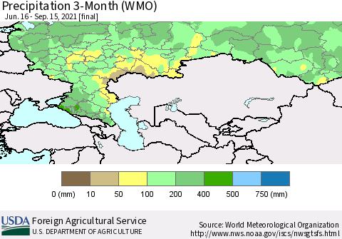 Russian Federation Precipitation 3-Month (WMO) Thematic Map For 6/16/2021 - 9/15/2021