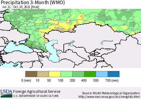 Russian Federation Precipitation 3-Month (WMO) Thematic Map For 7/11/2021 - 10/10/2021