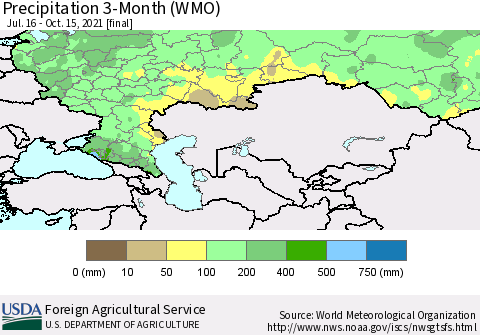 Russian Federation Precipitation 3-Month (WMO) Thematic Map For 7/16/2021 - 10/15/2021