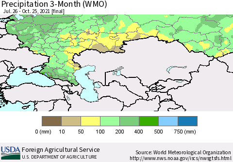 Russian Federation Precipitation 3-Month (WMO) Thematic Map For 7/26/2021 - 10/25/2021