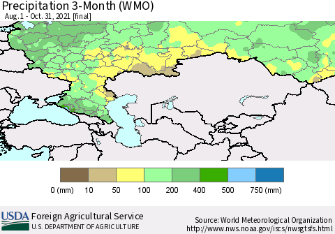 Russian Federation Precipitation 3-Month (WMO) Thematic Map For 8/1/2021 - 10/31/2021