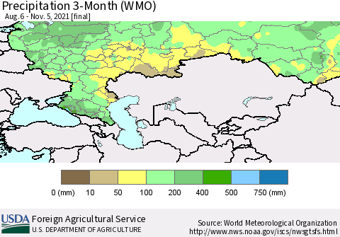 Russian Federation Precipitation 3-Month (WMO) Thematic Map For 8/6/2021 - 11/5/2021