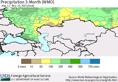 Russian Federation Precipitation 3-Month (WMO) Thematic Map For 8/11/2021 - 11/10/2021