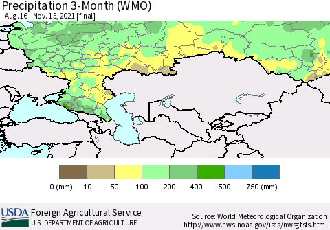 Russian Federation Precipitation 3-Month (WMO) Thematic Map For 8/16/2021 - 11/15/2021