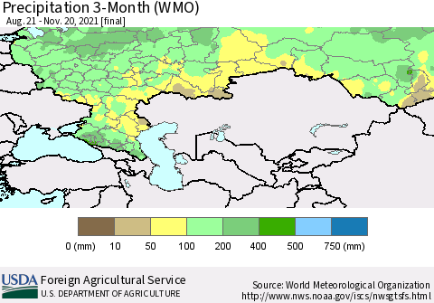 Russian Federation Precipitation 3-Month (WMO) Thematic Map For 8/21/2021 - 11/20/2021