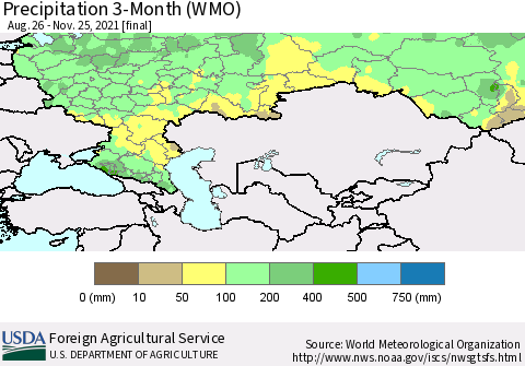 Russian Federation Precipitation 3-Month (WMO) Thematic Map For 8/26/2021 - 11/25/2021