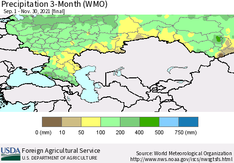 Russian Federation Precipitation 3-Month (WMO) Thematic Map For 9/1/2021 - 11/30/2021