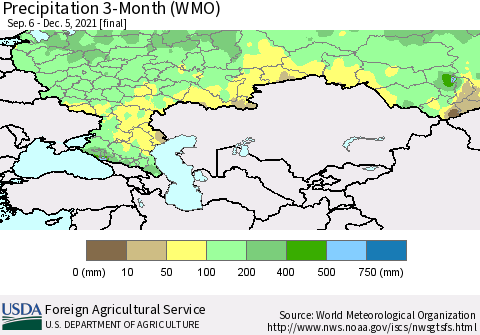 Russian Federation Precipitation 3-Month (WMO) Thematic Map For 9/6/2021 - 12/5/2021