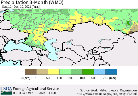 Russian Federation Precipitation 3-Month (WMO) Thematic Map For 9/11/2021 - 12/10/2021