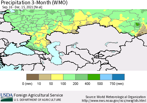 Russian Federation Precipitation 3-Month (WMO) Thematic Map For 9/16/2021 - 12/15/2021