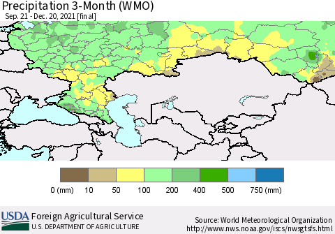 Russian Federation Precipitation 3-Month (WMO) Thematic Map For 9/21/2021 - 12/20/2021