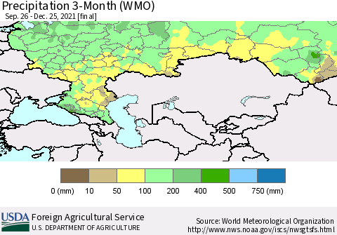 Russian Federation Precipitation 3-Month (WMO) Thematic Map For 9/26/2021 - 12/25/2021