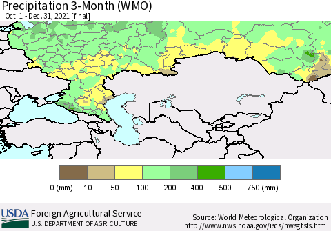 Russian Federation Precipitation 3-Month (WMO) Thematic Map For 10/1/2021 - 12/31/2021