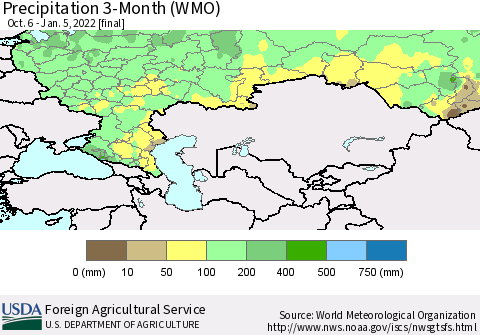 Russian Federation Precipitation 3-Month (WMO) Thematic Map For 10/6/2021 - 1/5/2022