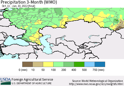 Russian Federation Precipitation 3-Month (WMO) Thematic Map For 10/11/2021 - 1/10/2022