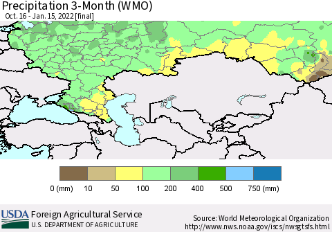 Russian Federation Precipitation 3-Month (WMO) Thematic Map For 10/16/2021 - 1/15/2022