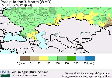Russian Federation Precipitation 3-Month (WMO) Thematic Map For 10/21/2021 - 1/20/2022