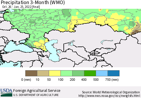 Russian Federation Precipitation 3-Month (WMO) Thematic Map For 10/26/2021 - 1/25/2022