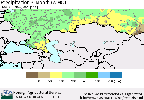 Russian Federation Precipitation 3-Month (WMO) Thematic Map For 11/6/2021 - 2/5/2022