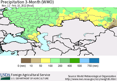 Russian Federation Precipitation 3-Month (WMO) Thematic Map For 11/11/2021 - 2/10/2022