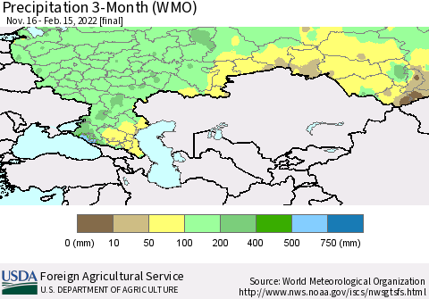 Russian Federation Precipitation 3-Month (WMO) Thematic Map For 11/16/2021 - 2/15/2022