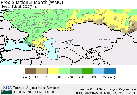 Russian Federation Precipitation 3-Month (WMO) Thematic Map For 12/1/2021 - 2/28/2022