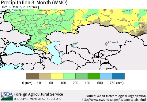 Russian Federation Precipitation 3-Month (WMO) Thematic Map For 12/6/2021 - 3/5/2022