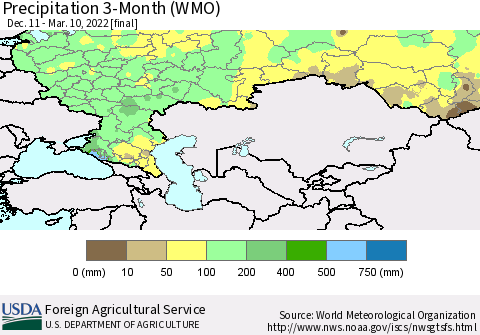Russian Federation Precipitation 3-Month (WMO) Thematic Map For 12/11/2021 - 3/10/2022