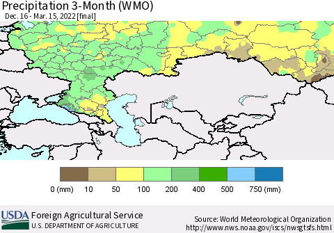 Russian Federation Precipitation 3-Month (WMO) Thematic Map For 12/16/2021 - 3/15/2022